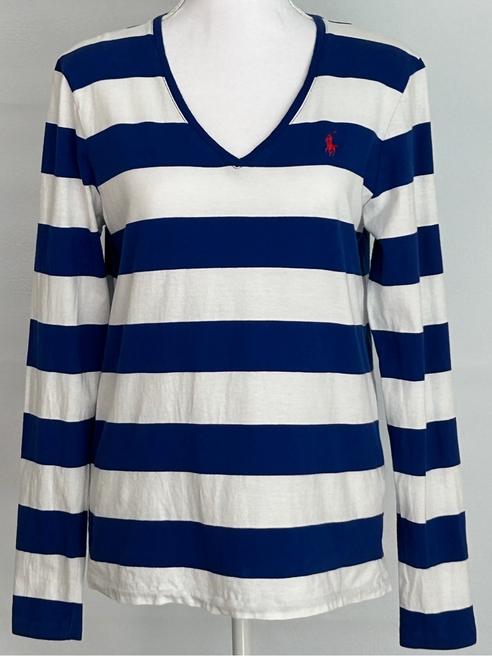 Ralph Lauren Sport Women’s L Pima Cotton Blue White Striped V-Neck Top